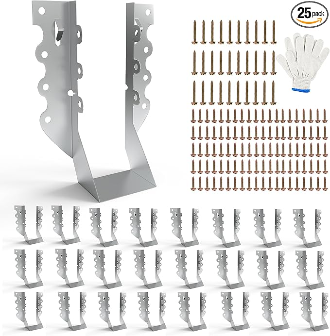 25pcs 2x6 Joist Hangers with Screws, 20-Gauge Galvanizing Face Mount Joist Hanger for Wood Posts, Hurricane Rafter Ties Clips, 2x6 Brackets for Floor Deck and Ceiling Trusses, Lumber Beam Connectors