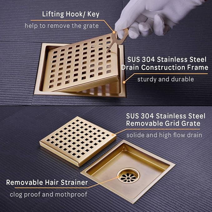 Square Shower Floor Drain with Removable Cover Grid Grate 6 inch Long, SUS 304 Stainless Steel Brushed Gold Brass Finished