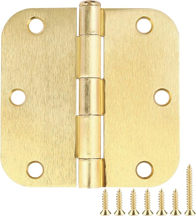 Door Hinges Satin Brass 3.5 Inch x 3.5" Interior Gold Door Hinges for Doors 6 Pack Brushed Brass Door Hinges 3-1/2" Rounded 5/8"Radius Corners Bedroom Residential Standard Indoor Door Hardware Hinge