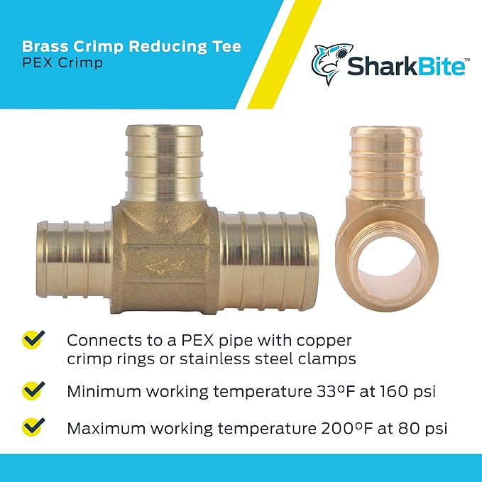 SharkBite 1 Inch x 3/4 Inch x 3/4 Inch Crimp Reducing Tee, Brass Plumbing Fitting, PEX Pipe, PE-RT, UC414LFA