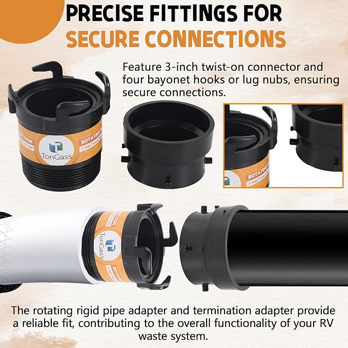TonGass (2 x Combo Pack, Black) RV Sewer Pipe Adapter, 3" Rotating Rigid Bayonet Adapter with Male Thread & Hooks, Termination Fitting with 3" Bayonet & Hub, RV Sewer Hose Connector for Waste Disposal