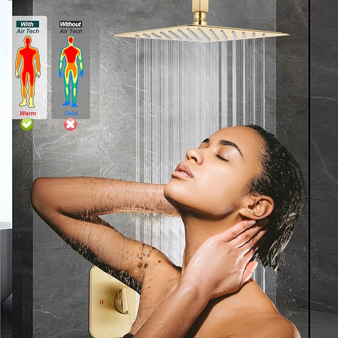 Heyalan Shower Faucet Set Square Stainless Steel Bathroom Rainfall Shower System One Handle Single Function Shower Trim Kit with Rough-in Valve Male Thread,Ceiling Mount,10 Inch,Brushed Gold