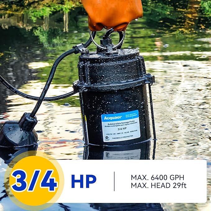 Acquaer 3/4HP Submersible Sewage Effluent Pump, Cast Iron, 115V 6400 GPH Automatic Tethered Float Switch, Sump Pump for Sump Basin, Basement, Residential Sewage, 2'' NPT Discharge