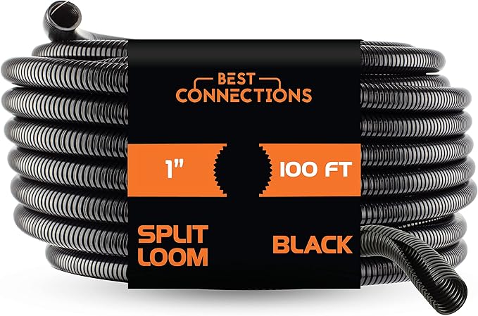 BEST CONNECTIONS Split Wire Loom Flex-Guard Convoluted Tubing Protective Split Cable Sleeves for Auto Home Industrial Electrical Wires Chemical Resistant Conduit Black (1" - 100 ft)