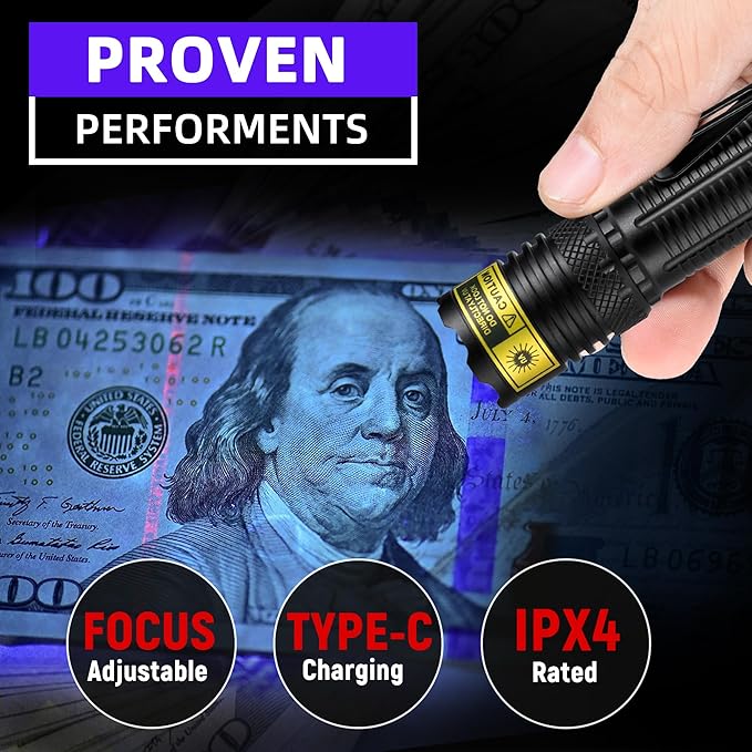 DARKDAWN UV Flashlight 365nm Black Light，Mini & Powerful USB- C Flashlights LED Rechargeable Woods Lamp， Portable Adjustable Focus Blacklight Flashlights for Uranium Glass, Money, Pet Urine Stains ﻿