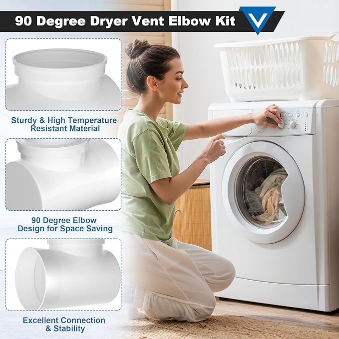 90 Degree Dryer Vent Elbow, Dryer Vent Connector Kit for 4 Inch Hose Duct Pipe Tube Adapter Space Saving Right Angle Connection Attachment for Tight Spaces