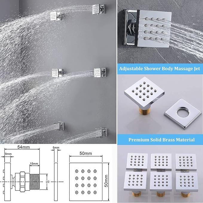 Temperature Display Rain Mixer Shower Faucet Set with 6 pcs Body Jets 12 inch Square Rainfall Shower Head with Handheld Spray Wall Mounted Rough-in Valve and Trim Included,Chrome