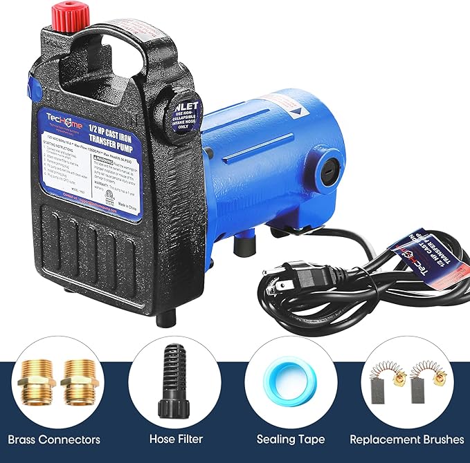 1/2 HP Cast Iron Transfer Pump, 120V 1560GPH Water Pump, High Pressure Transfer Pump with Suction Strainer and Brass Connectors.