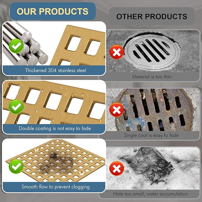 4" Champagne Bronze Shower Drain Cover - Square Floor Drain Cover Replacement - Hair Catcher/Drain Strainer for Bathrooms, Showers, and Sinks - SUS304 Stainless Steel & CUPC Certified