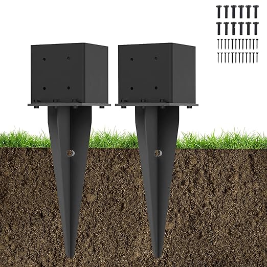 2 Pcs 6"x6" Fence Post Anchor Ground Spike 22"(Actual 5.6"x5.6") Heavy Duty Metal Fence Post Anchor with Black Powder-Coated for Deck,Fence,Porch,Railing,Mailbox