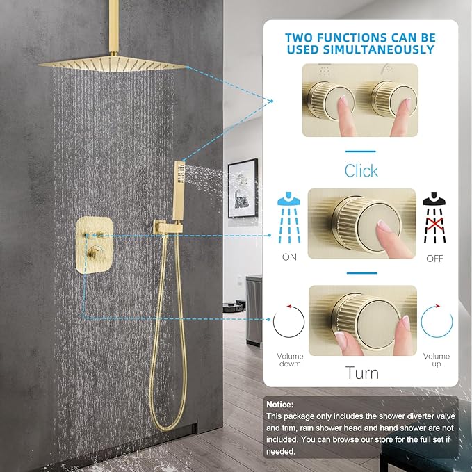 Thermostatic Shower Valve Shower Diverter 2 Way Shower Valve with Temperature Control Shower Mixing Adjustable Flow Diverter（Brushed Gold）