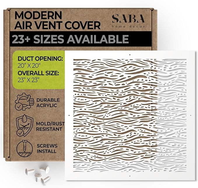 SABA Home Decor White Air Vent Cover - Acrylic Plexiglass 20 x 20 Duct Opening (23 x 23 Overall) Return Grille Decorative Covers for Walls & Ceilings NOT for Floor USE, Waves