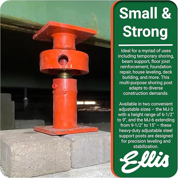 Ellis Manufacturing Adjustable Mini Screw Jack Post – House Jack for Foundation, Floor Leveling, and Concrete Bracing – 15,000 lb Max Load Capacity – 2.5" Adjustment
