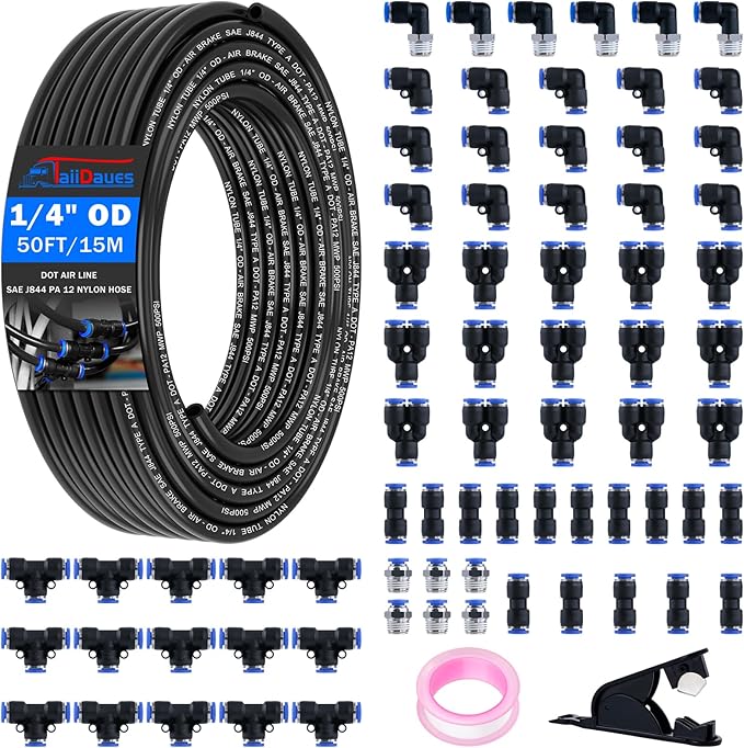 1/4" Air Line Tubing Kit, 50 FT(15M) DOT Air Line PA Nylon Tubing with Push to Connect Fittings, 1/4 Inch OD Quick Connect Air Hose Kit for Compressor Accessories System (75 Pcs)