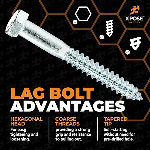 xpose safety Concrete Anchors Set with 4"" Lag Bolt, Lag Shield and Washer - 4 Sets per Pack - 1/2"" Bolt Lag Screws 4-Inch for Speed Bumps for Asphalt - Galvanized Steel Lag Bolts