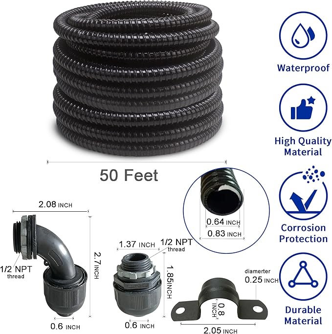 (1/2" Dia * 50 Feet) Yariwiz Black Special Extra Flexible Electrical Conduit Liquid Tight PVC Conduit Kit with 5 PCS Coupling, 3 PCS Elbow and 10 PCS Strap, Sealtight Seal Flex Liquidtight Wire