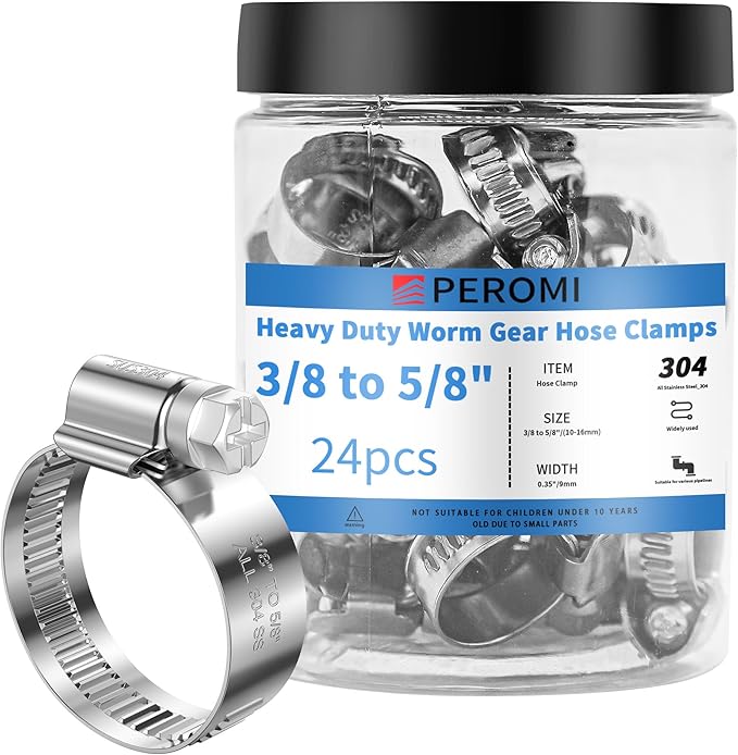24PCS Heavy Duty Hose Clamps Stainless Steel 304, 3/8" Hose Clamp to 5/8" Hose Clamp (10-16mm) Adjustable Worm Gear Drive Small Radiator Hose Clamps for Automotive and Industrial Use