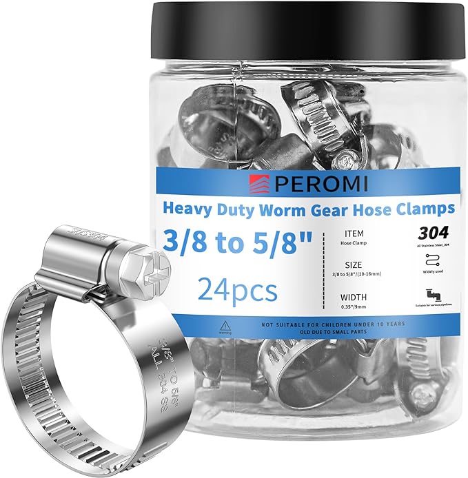 12PCS Heavy Duty Hose Clamps Stainless Steel 304, 3/8" Hose Clamp to 5/8" Hose Clamp (10-16mm) Adjustable Worm Gear Drive Small Hose Clamps, Reusable Pipe Clamp for Plumbing, Garden, Shipping