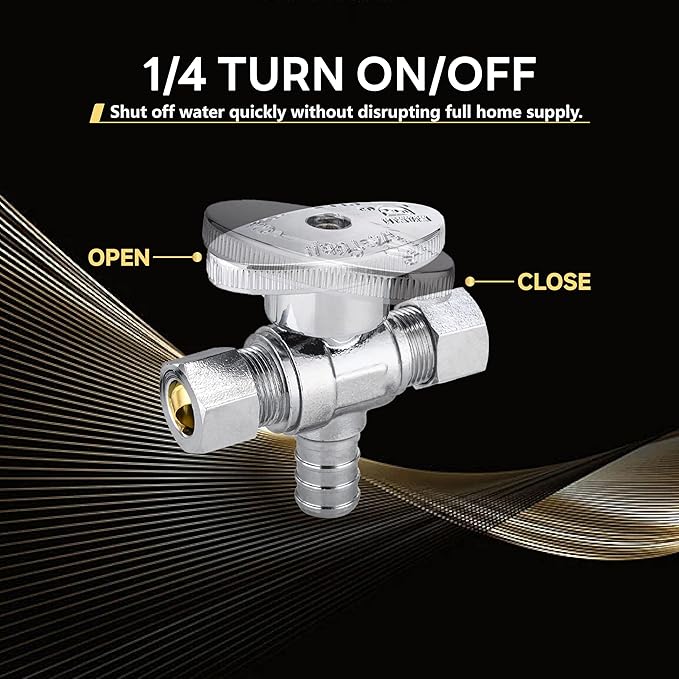 5-Pack Foskan Dual Outlet Angle Stop Valve,1/4 Turn Shut off Valve,1/2" PEX x 3/8" OD x 3/8" OD,Chrome Plated Brass