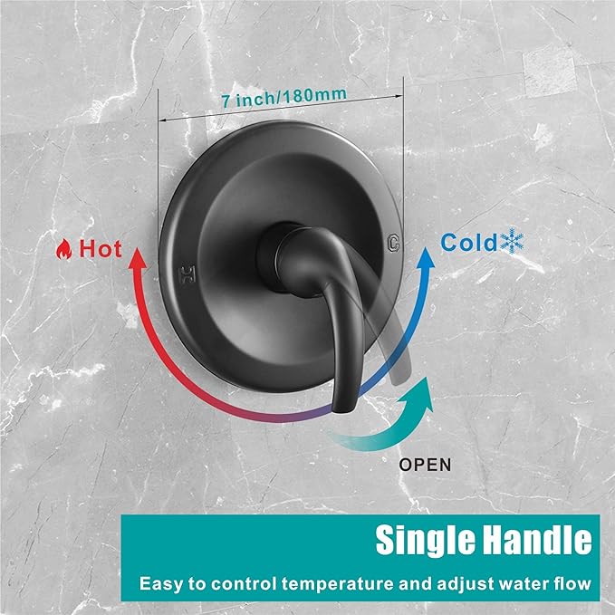 SKOWLL Shower Valve Wall Mount Black Shower Mixer Valve Kit Bathroom Single Function Shower Flow Control Valve Brass Shower Valve Kit Include Round In One