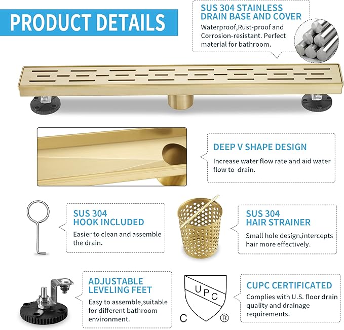 Linear Shower Drain, Brushed Gold Shower Drain 36 Inch with Removable Grate, SUS-304 Stainless Steel Rectangle Floor Drain with Leveling Feet and Hair Strainer, Bathroom Modern Drain SD-101
