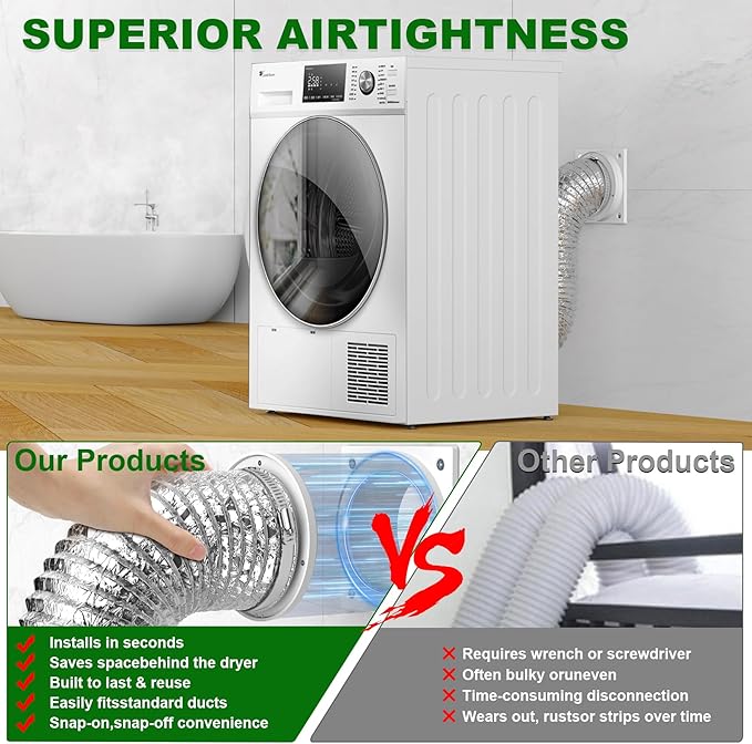 Magnetic Dryer Vent Coupling - Airtight Seal, Quick Connect Strong Magnet Dryer Vent Connector Kit with 4 inch 2.6ft Dryer Vent Hose & Clamps Screws Ideal for Small Bathrooms and Irregular Layouts