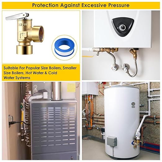 30 PSI Pressure Relief Valve, Boiler Relief Valve with 3/4" Female NPT x 3/4" Female NPT, PTFE Thread Seal Tape, Brass, for Hot Water and Cold Water Systems