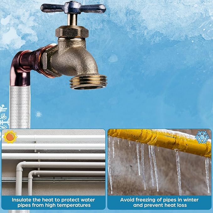 Tondiamo 8 Pcs 3 FT Pipe Insulation Foam Tube Self Adhesive Insulation Foam Wrap with Aluminum Foil Tape & Cable Ties for Tubing Heat Preservation Winter Outdoor Freeze Protection(1.5 Inch)