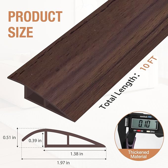 Floor Transition Strip Self Adhesive Vinyl Door Threshold for Doorways Carpet Edging Trim Overlap Edge Reducer for Laminate Floor, Carpet, Tile (Deep Brown Wood Grain, 1/5" to 2/5", 10Ft)