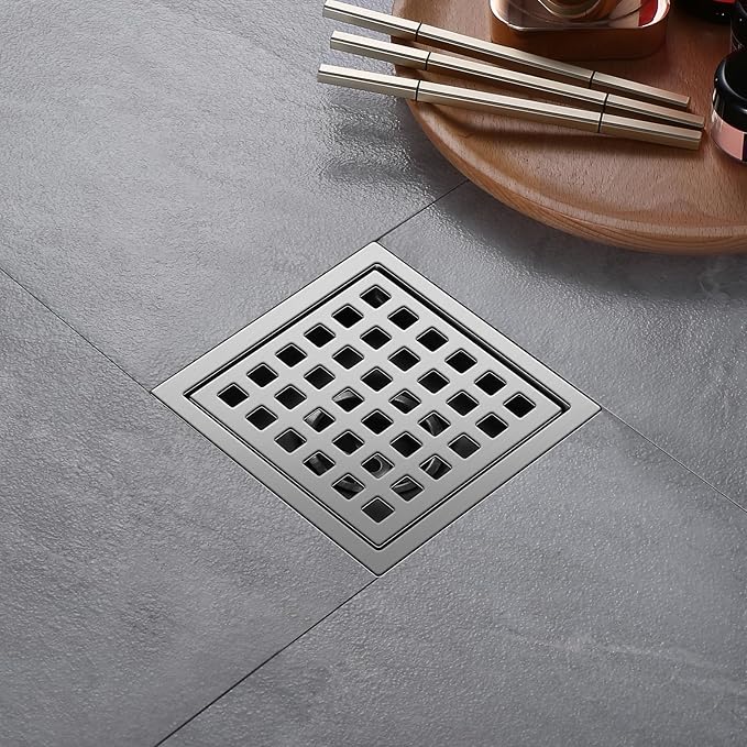 Shower Drain, Chrome 4 inch Square Shower Floor Drain with Flange, Silver Removeable Grid Panel SUS 304 Stainless Steel Square Shower Drain