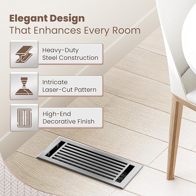 Floor Register 4x10 Vent Cover – Heavy-Duty Steel, Rustproof & Walkable Grates, Easy Drop-in Install, Adjustable Air Supply Switch - Decorative Straight Line Design, Brushed Nickel