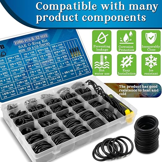1086 Pcs SAE Standard O Ring Kit Nitrile Rubber O-Rings Assortment with O‘Ring Pick for Hydraulic Automotive Plumbing Faucet Seal Repair 32 Size Inch ID:1/8”-2”