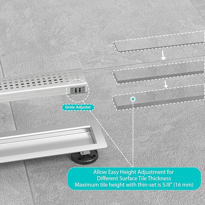 24 inch Linear Shower Drain with Square Hole Pattern Grate Cover, Brushed 304 Stainless Steel Bonding Flange Linear Drain, Low Profile Linear Shower Drain with Hair Strainer