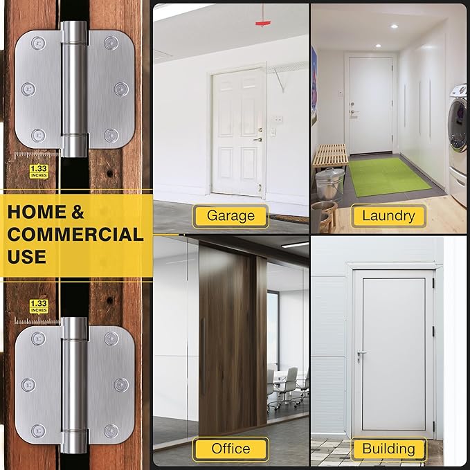 KOLET Self Closing Door Hinges, 3.5 x 3.5 Inches Door Hinges with Auto Close, 5/8" Radius Corners Spring Hinges, Heavy Duty Stainless Steel, No Pin Installation, Brushed Nickel, 3 Pack