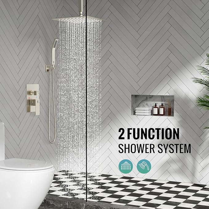 SR SUN RISE Brass 10 Inches Ceiling Mounted Shower System Brushed Nickel Bathroom Luxury Rain Mixer Shower Combo Set Ceiling Install Rainfall Shower Head System