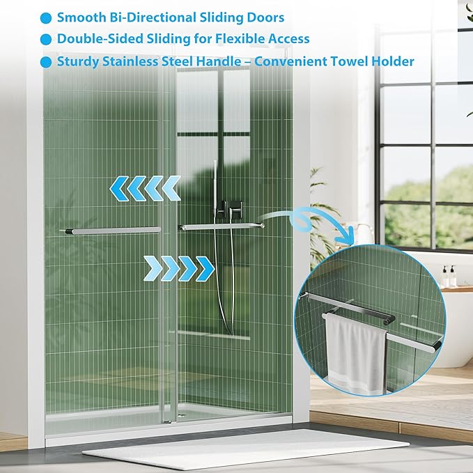 Frameless Double Sliding Shower Door - 44 to 48 Inch Adjustable Width x 74 Inch Height, 1/4" (6mm) Clear Tempered Glass with Easy-Clean, Space-Saving Bypass Design, Brushed Nickel Finish for Bathroom
