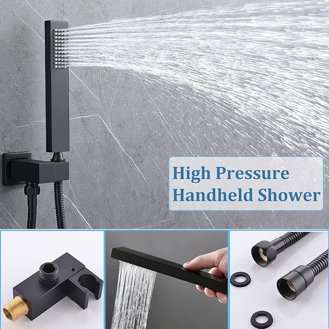 Temperature Display Full Body Shower Faucet Set with 6 pcs Body Jets 12 inch Square Rainfall Shower Head with Handheld Spray Wall Mounted Rough-in Valve and Trim Included,Matte Black
