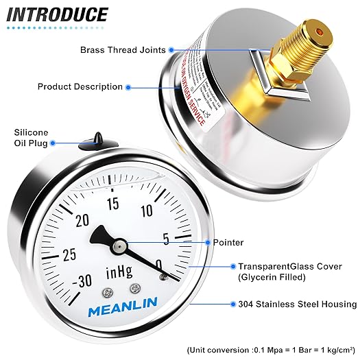 MEANLIN MEASURE -30inHG~0Psi Stainless Steel 1/4" NPT 2.5" FACE DIAL,Vacuum Liquid Filled Pressure Gauge,Single Scale, WOG Water Oil Air, Back Mount, with 1/2" NPT and 3/8" NPT Hex Bushing
