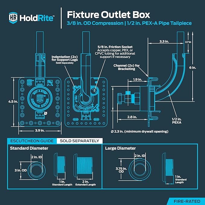 Holdrite Fixture Outlet Box with 3/8 Inch Compression Outlet, Pre-Assembled, Pack of 10, Fire Rated, 1/2 Inch PEX Tailpiece, HR-FR-P-1