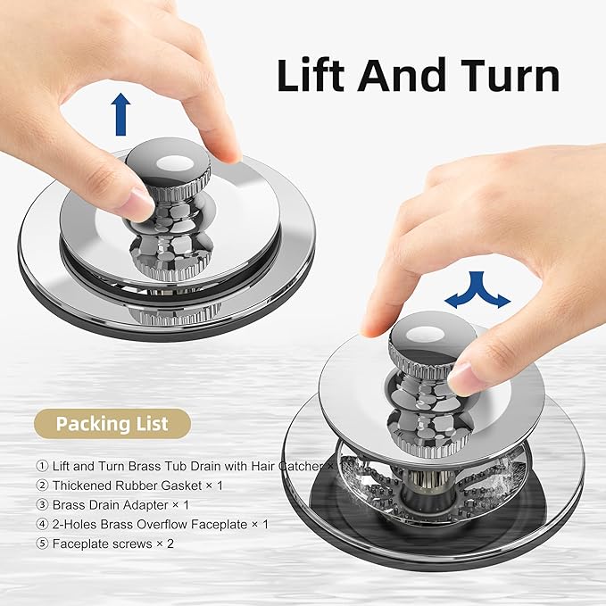 Chrome Plated Bathtub Drain, Hair Catcher and 2-Hole Overflow Faceplate, 11.5/16 UNC, Lift and Turn Bathtub Drain Replacement, Tub Drain Stopper