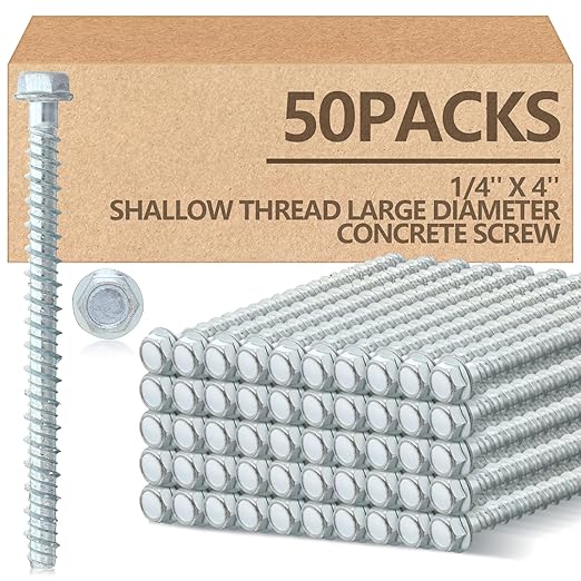 Tandefio 50 Pack 1/4" x 4" Concrete Screw Anchor Galvanized Large Diameter Heavy Duty Plated Concrete Anchors for Masonry Brick Anchoring Block Decking Framing Hex Drive