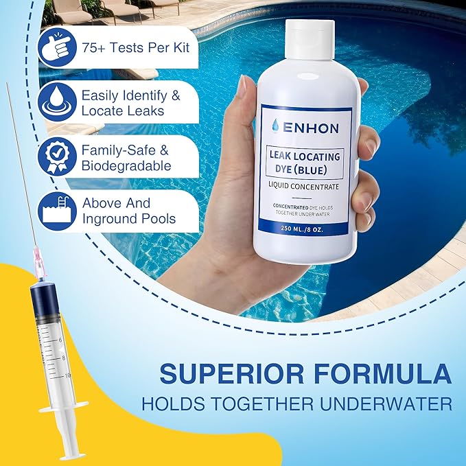 Enhon Pool Leak Detection Dye Kit, 8 oz Blue Dye with Precision Applicators, Easily Locates Leaks in All Pools, Spas, Hot Tubs, Long Lasting Formula, 40+ Refills