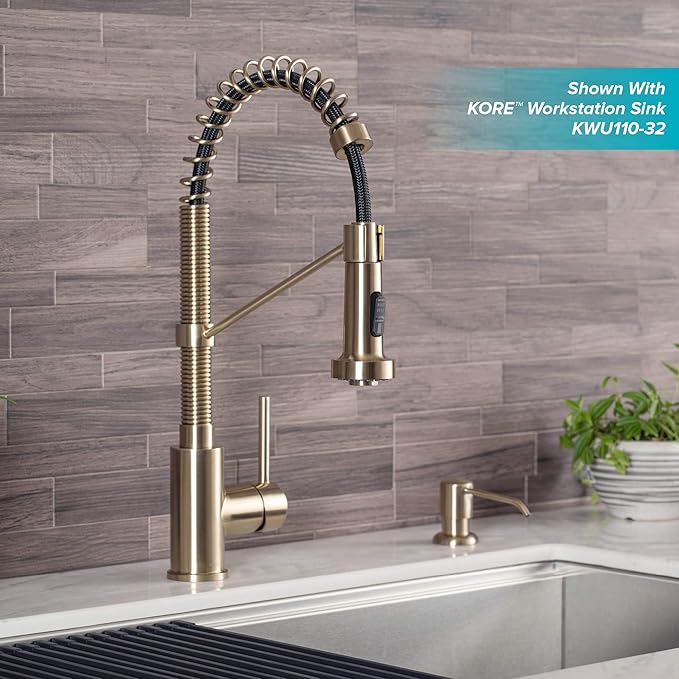 KRAUS Bolden Commercial Style Pull-Down Kitchen Faucet and Purita Water Filter Faucet Combo in Spot Free Antique Champagne Bronze, KPF-1610-FF-100SFACB