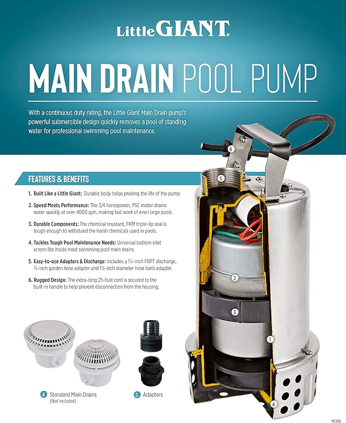 Little Giant MDP-1 115-Volt, 4260 GPH, 3/4 HP Manual Submersible Stainless Steel Main Drain Swimming Pool Utility Pump for Removing Standing Water, 25-ft Power Cord, Steel, 577306