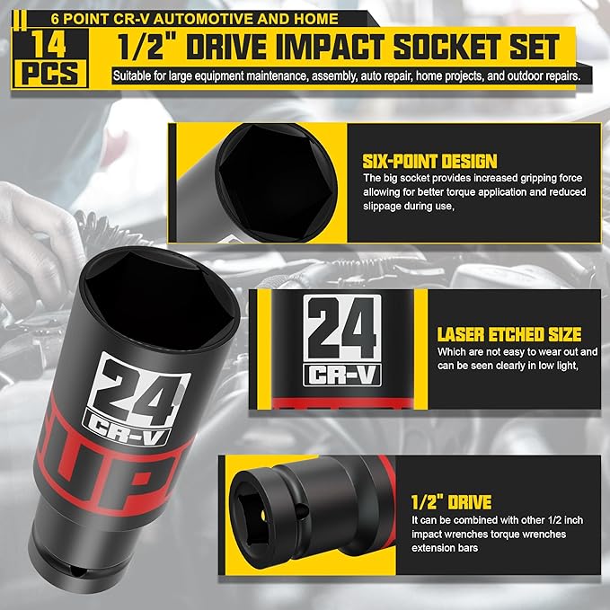 14-Piece 1/2" Drive Impact Socket Set, 10-24mm Thicker Deep Sockets with Storage Case and 1/2 to 1/4 Impact Wrench Adapter, Metric 6 Point Socket Set for Automotive and Home