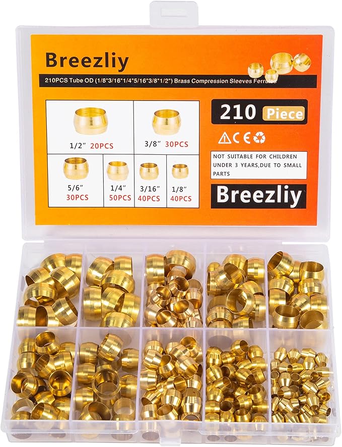 210PCS Tube OD（1/8" 3/16" 1/4" 5/16" 3/8" 1/2") Brass Compression Sleeves Ferrules,6 Sizes Brass Compression Fitting Assortment Kit