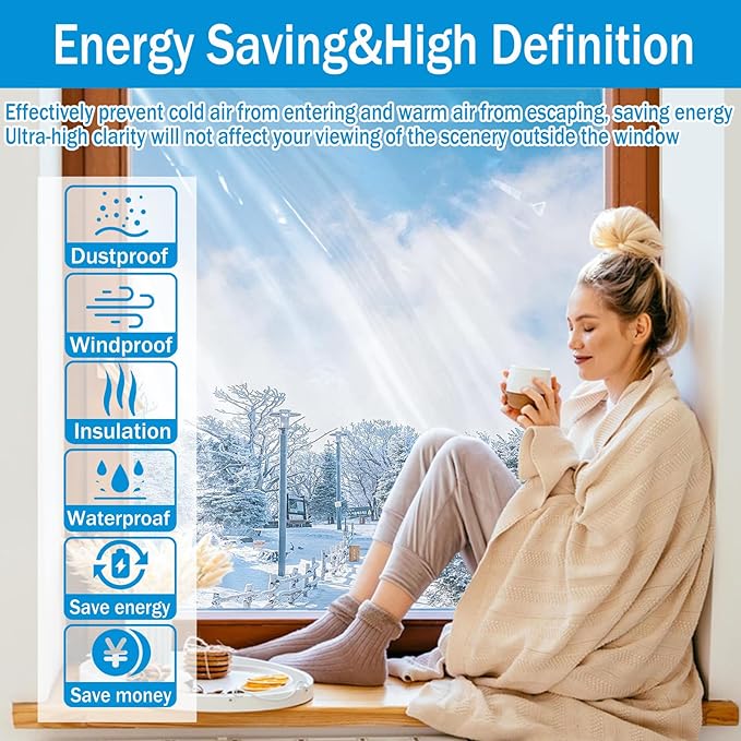 Window Insulation Kit, 87 × 394 Inch Plastic Window Covering for Winter, Window Insulation Film Window Wrap Insulation Windows Winterizing Kit with Double-Sided Tape for 3 Pcs 7 x 9 Ft Windows