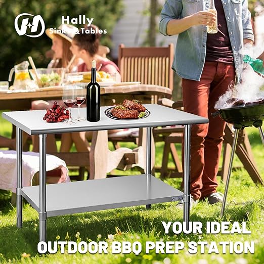 Hally Stainless Steel Table for Prep & Work 18 x 36 Inches, NSF Commercial Heavy Duty Table with Undershelf and Galvanized Legs for Restaurant, Home and Hotel