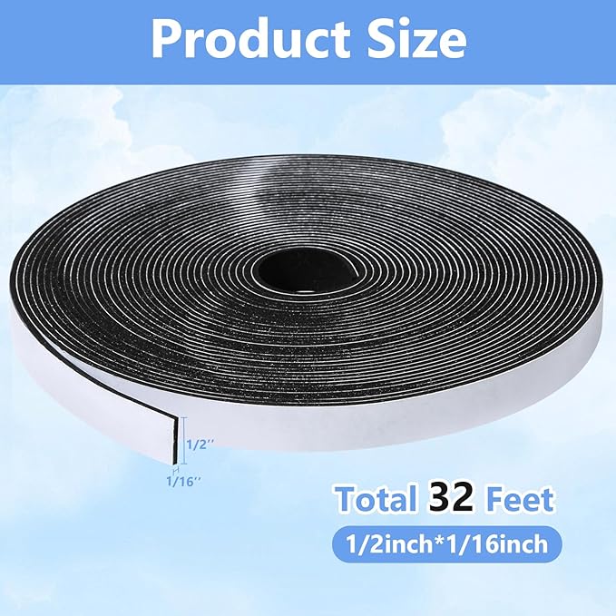 Weather Stripping Door Seal Strip(1/2 Inch X 1/16 Inch X 32Feet), Strong Adhesive, Lightproof, Soundproof, Weatherproof Foam Tape Insulation for Sliding Door, Front Door Frame, Windows- Black
