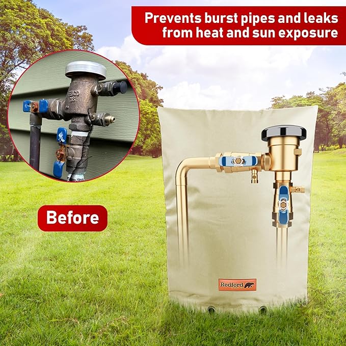 Redford Supply Co. Cold Snap (5°F) Backflow Preventer Insulation Cover, 16"W x 20"H, Pipe Insulation, Water Sprinkler Covers for Outside, Sprinkler Backflow Cover for Winter, Well Pump Bag (Beige)